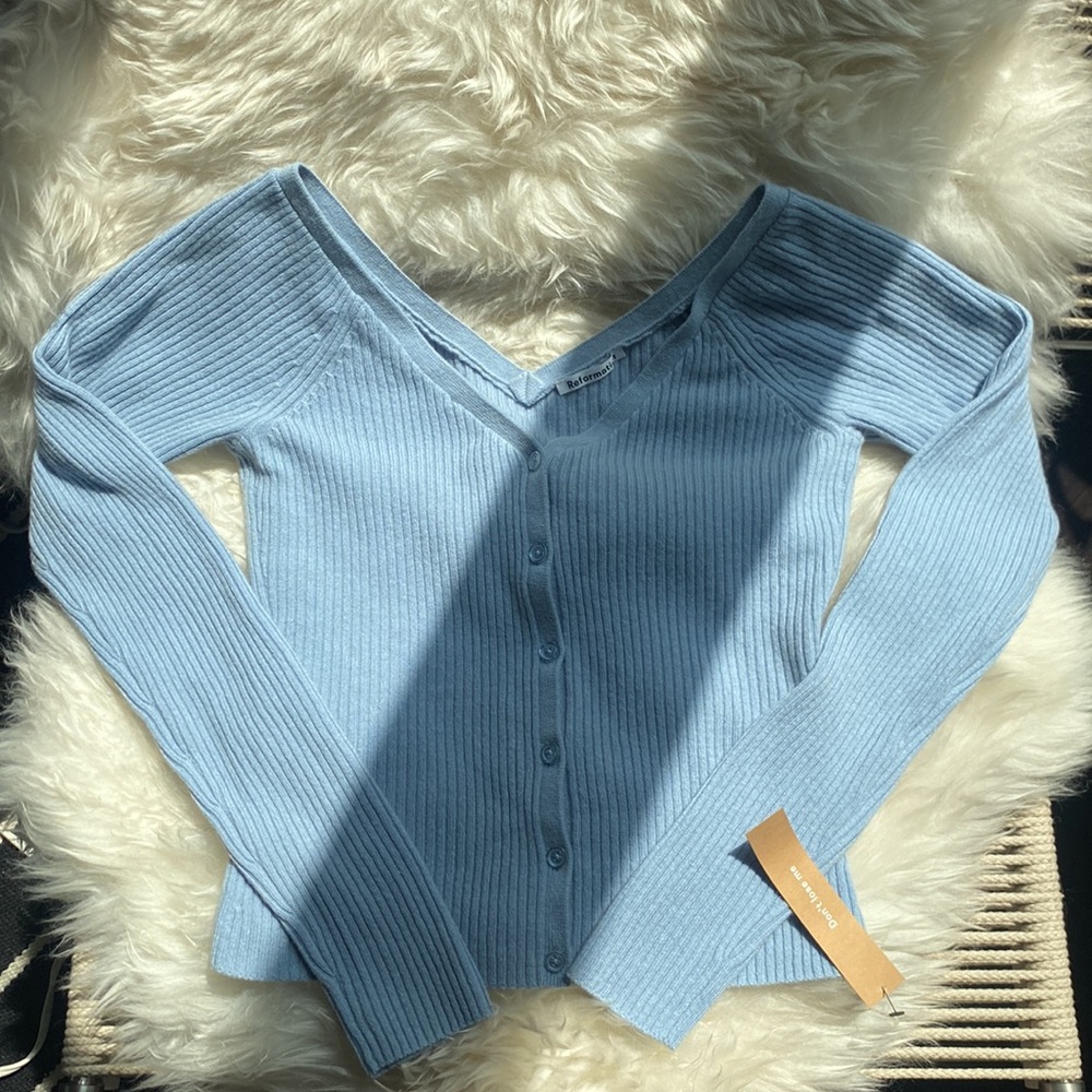 NWT Reformation Cashmere Cropped Double V Cardigan baby blue Size S - Picture 1 of 5